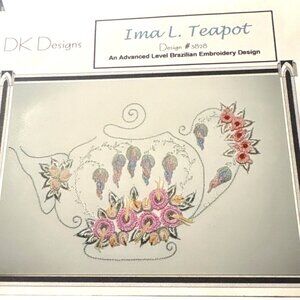 Vintage Ima L. Teapot Brazilian Embroidery Pattern Fabric Kit Advance Level 9x5